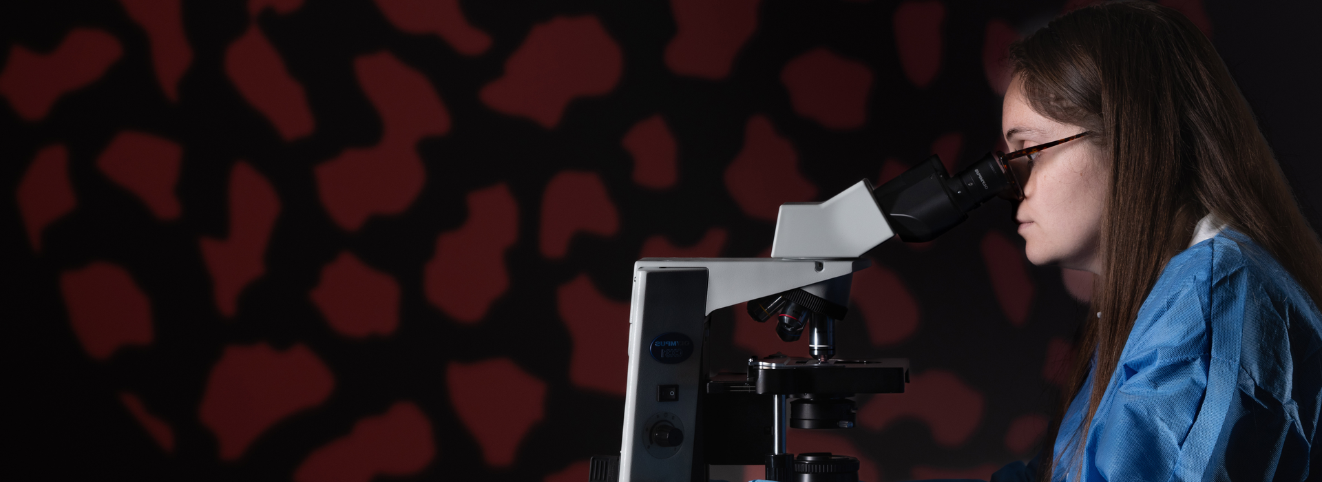 student looking at a slide through a microscope
