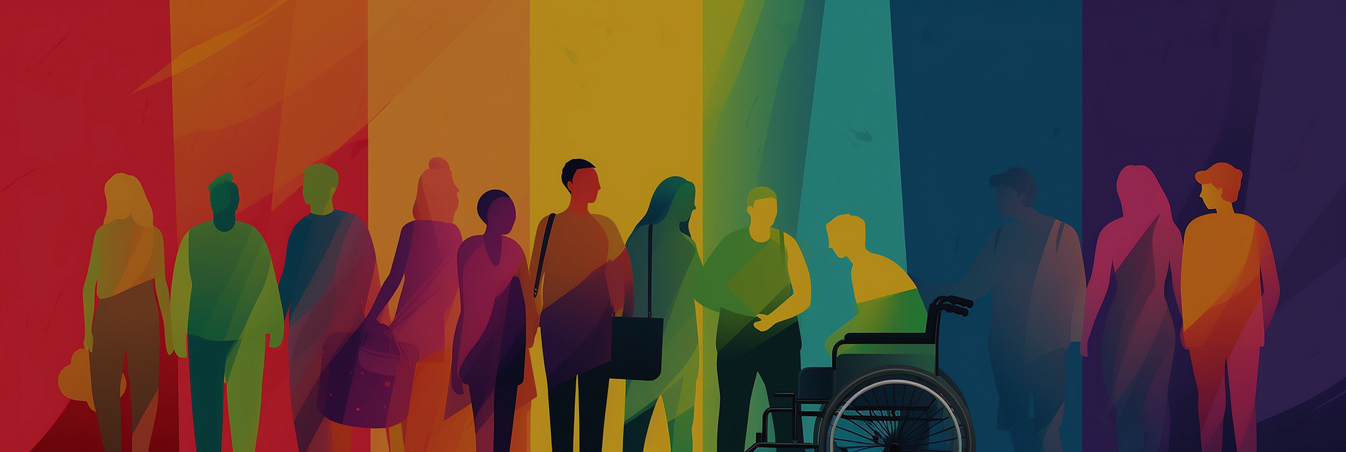 outlines of people of varying abilities in a rainbow of colors