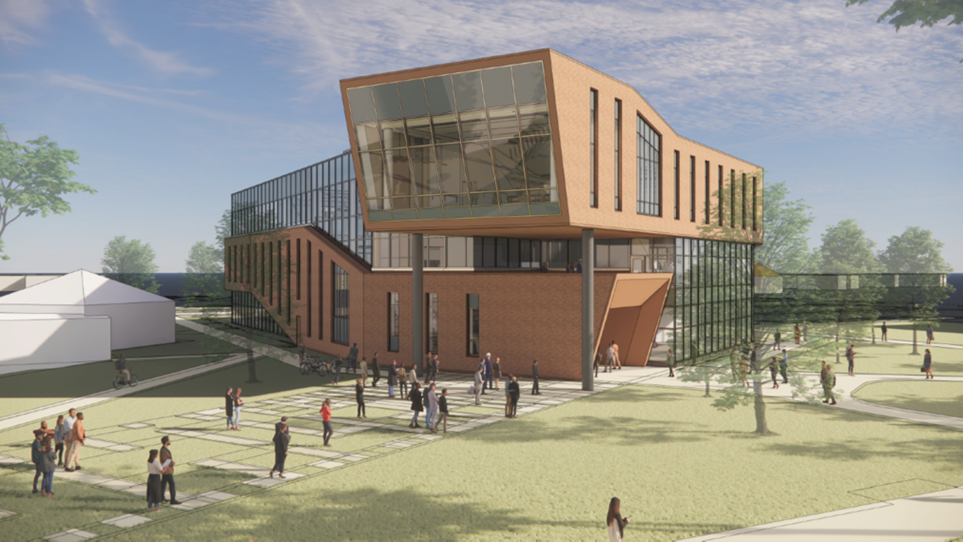 Artistic rendering of new Library Commons building. Features include modern architecture with many windows. The rendering shows people entering and existing the new building from the quad.
