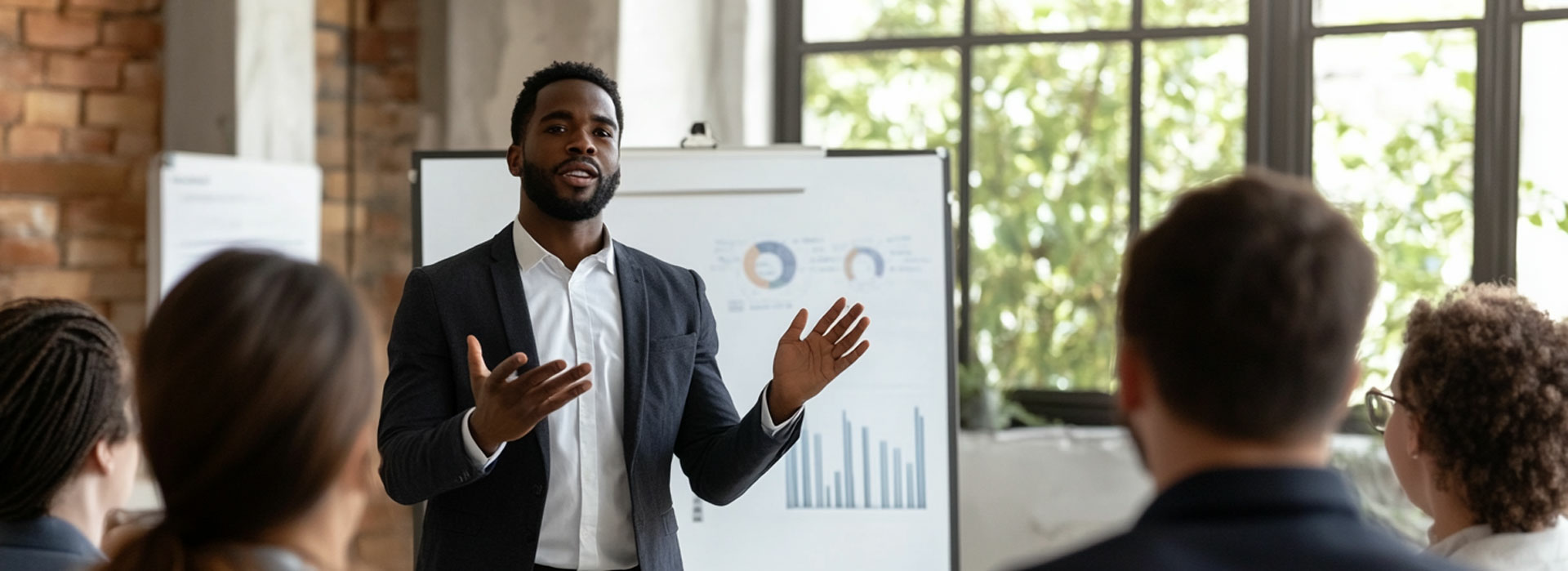 a man giving a presentation to a group of business people