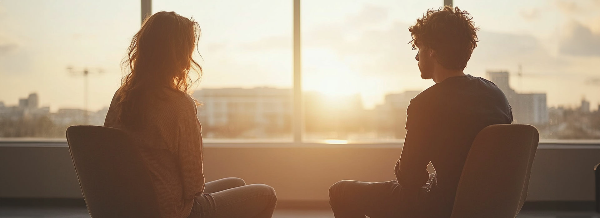 two people sitting in chairs looking out a gigantic window thoughtfully