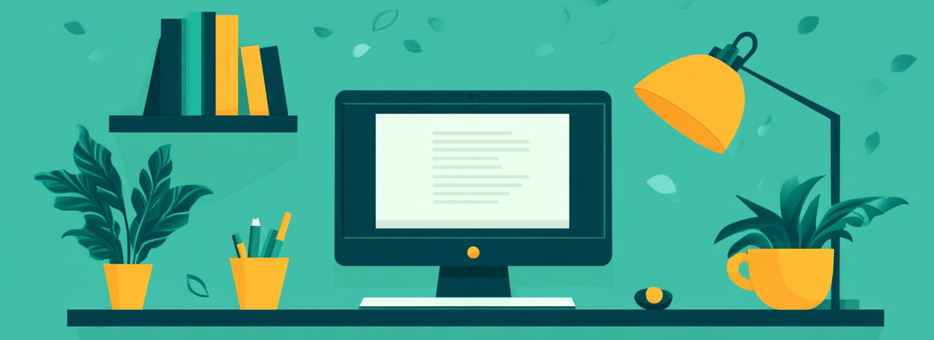 a cartoon of a desk with a computer that has a document on screen