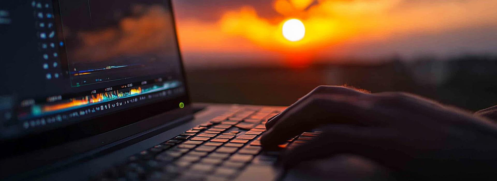close up of hands on a laptop keyboard editing a video