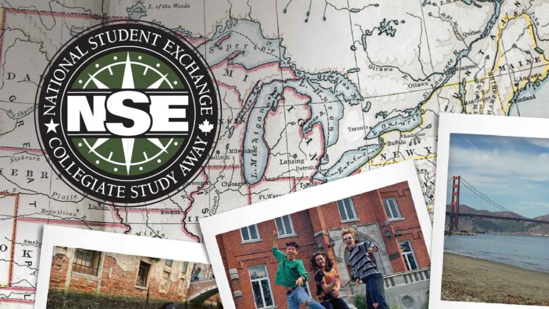 Compass with NSE logo, background of US map with postcards