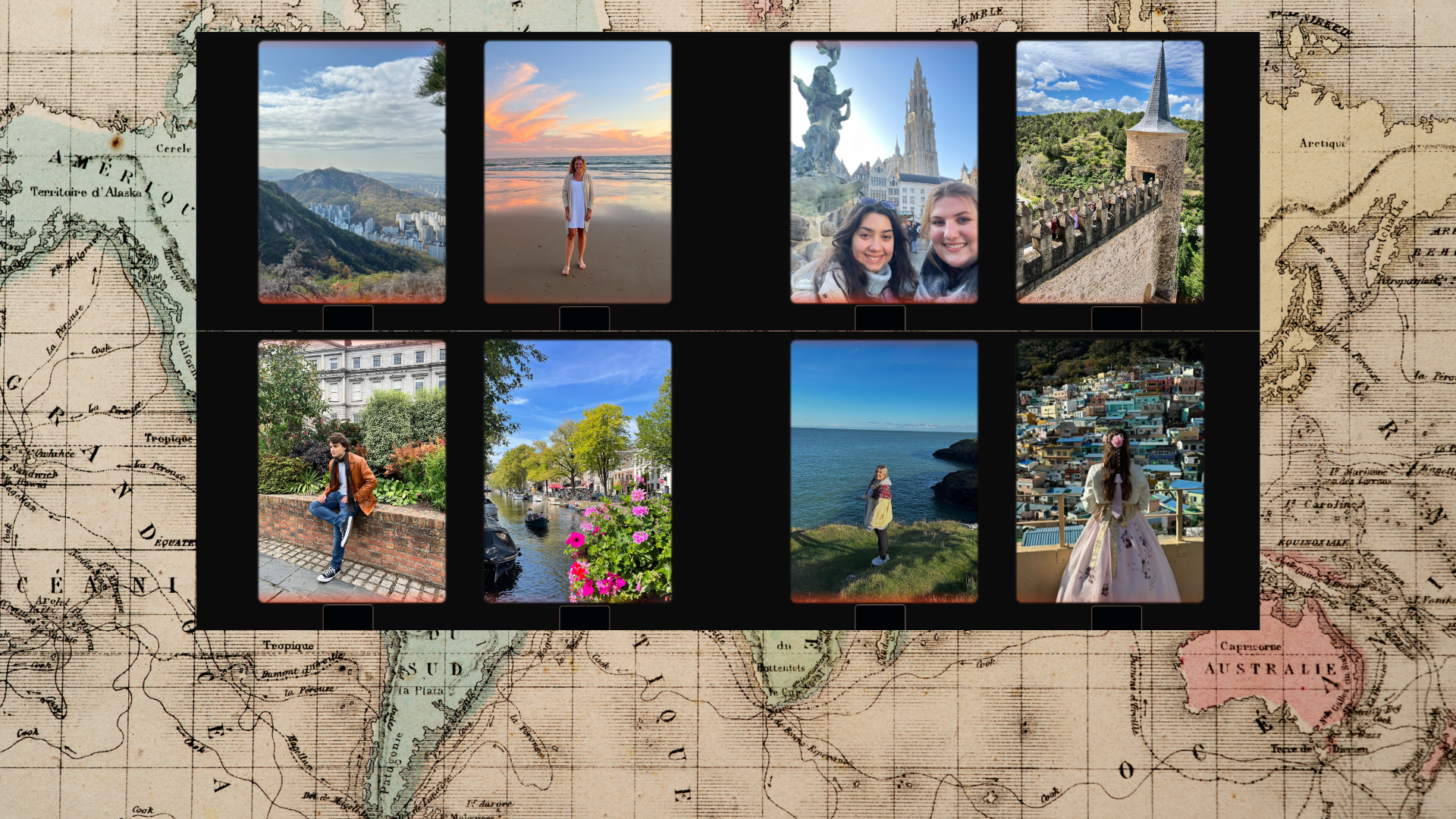 World map background. Collage of 8 vintage-framed photos: mountain landscape, student on brick fence, student at sunset beach, canal with boats, students at cathedral/fountain, student by ocean, students in cathedral, student in colorful neighborhood.
