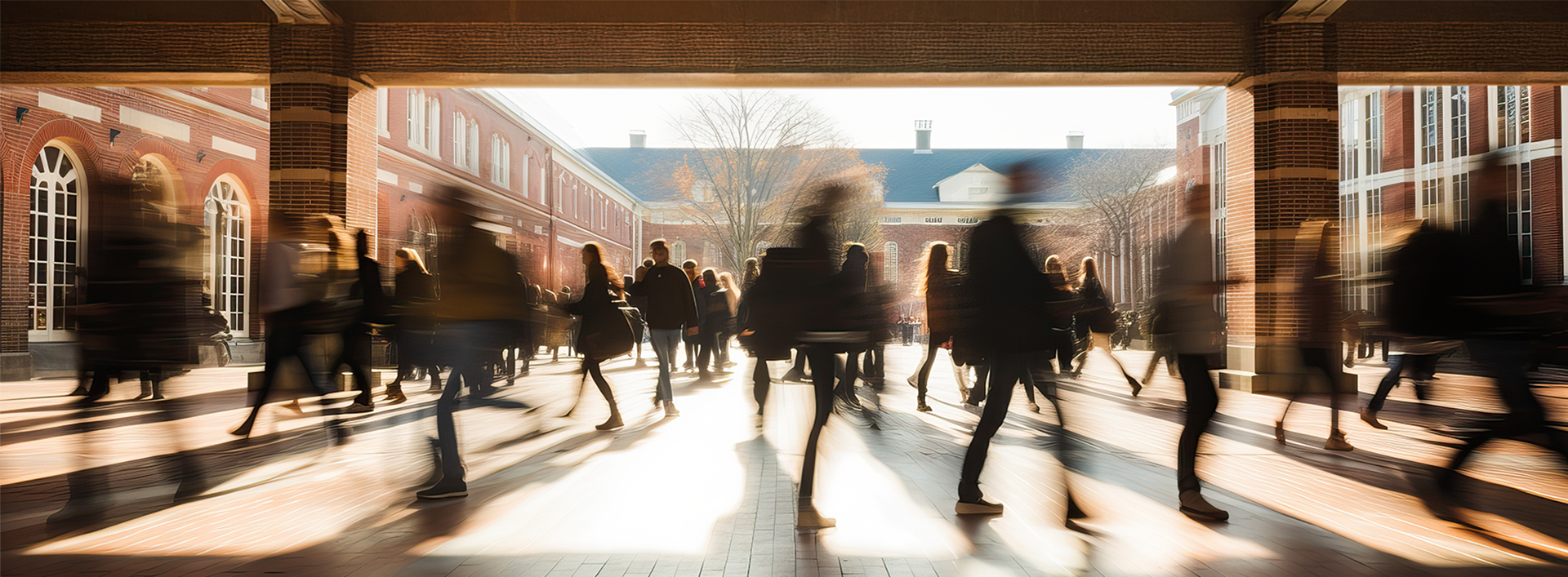 Students walking through a sunlit courtyard at the university campus 