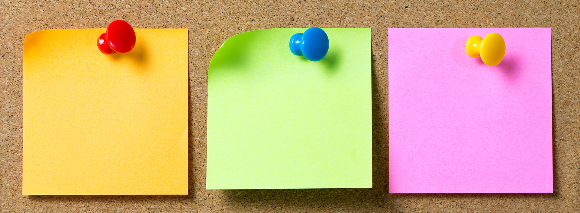 cork board with three post it notes