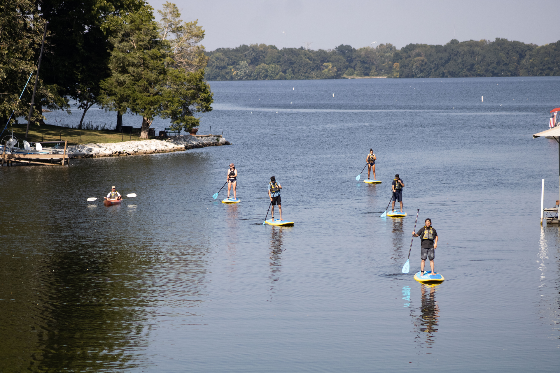 Five people on stand up paddleboards and one person in a kayak on Lake Springfield