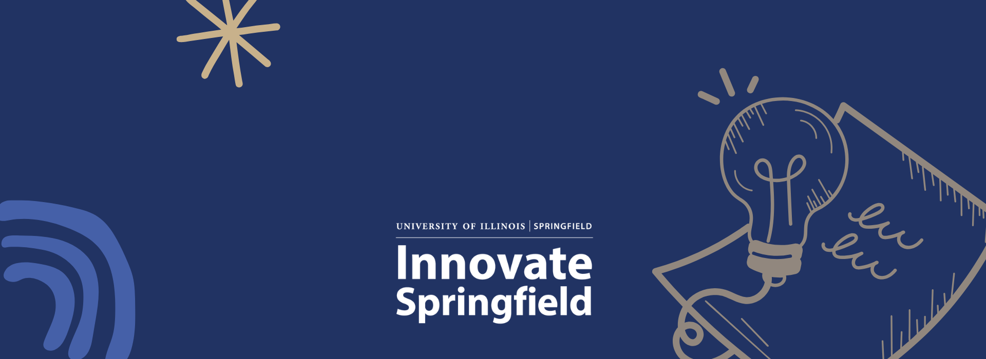 Blue background the Innovate Springfield logo and some graphics in gold of a lightbulb, a piece of paper, and freehand squiggles