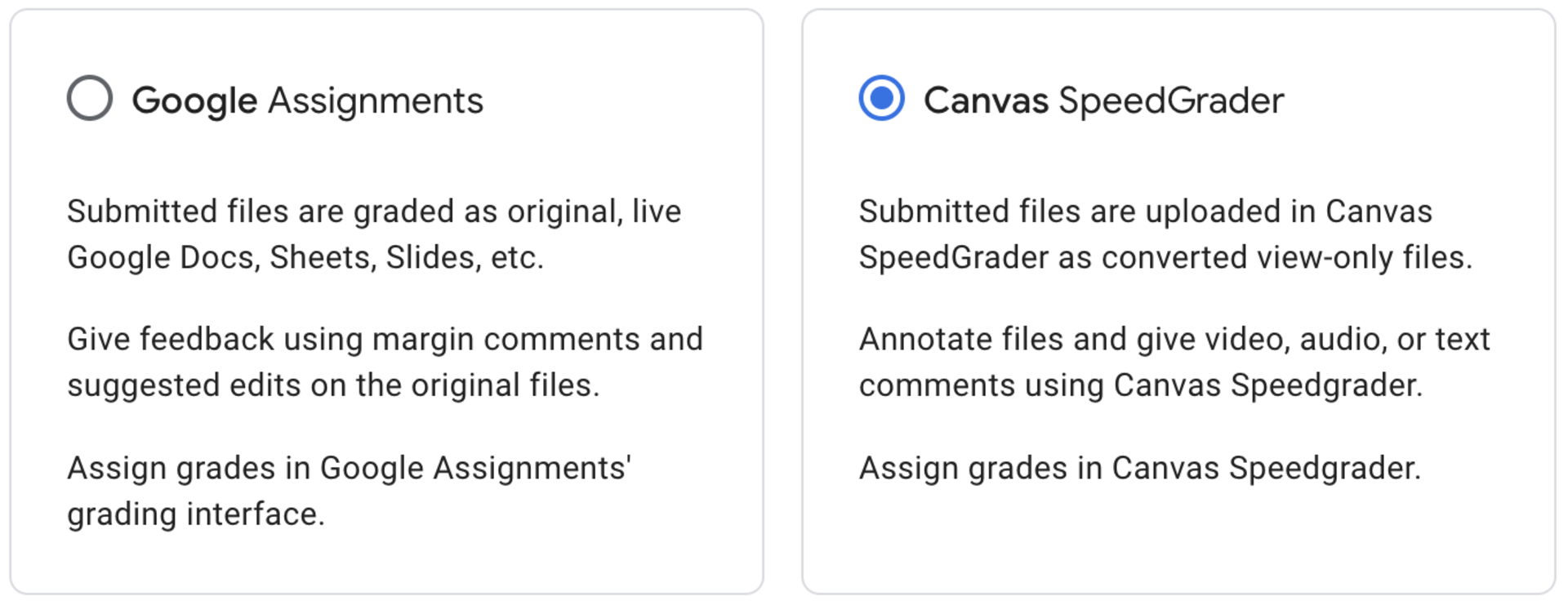 Grading options in Google Assignments. Choose between Google interface and Canvas SpeedGrader