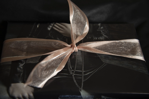 photo covered in shiny ribbon and jewelry chains