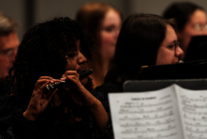 Musicians playing instruments in an orchestra setting.
