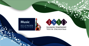 Music Illinois and ISYO logos on a musical notes background.