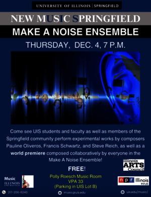 Event poster with blue sound waves and concert details.