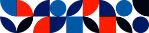 Colorful abstract shapes in red, blue, and navy forming a pattern.