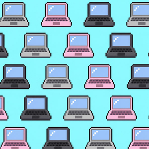 a pattern of pixelated laptops in varying colors