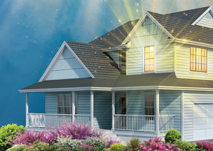 a blue suburban house with a light shining brightly out of one of its windows