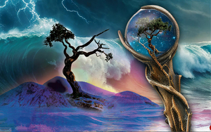 a surrealist compliation of a withered tree and a magical staff in a storm by mountains near an ocean